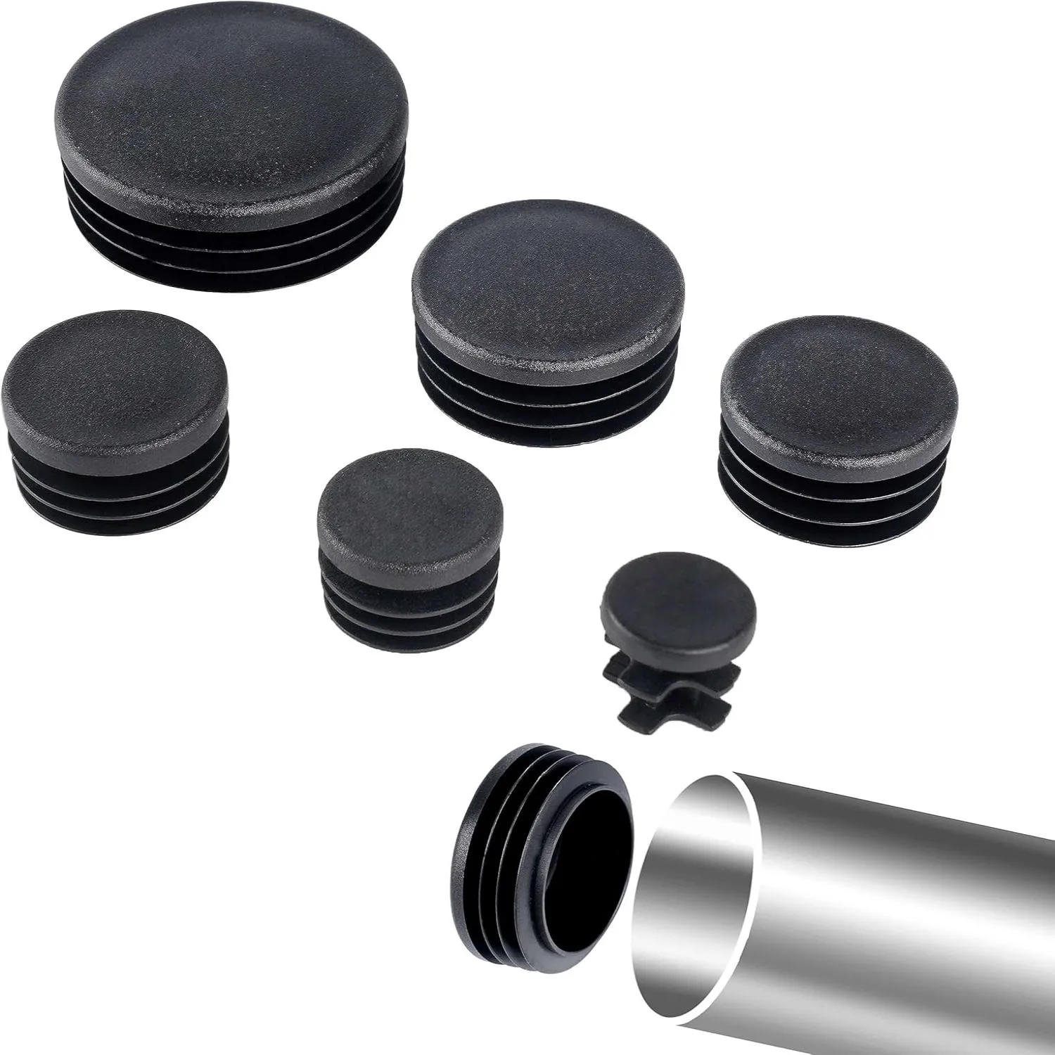 Plastic Pipe Clip - Schwarzer runder Rohrstopfen, 10–60 mm, Kunststoff-Endkappe,